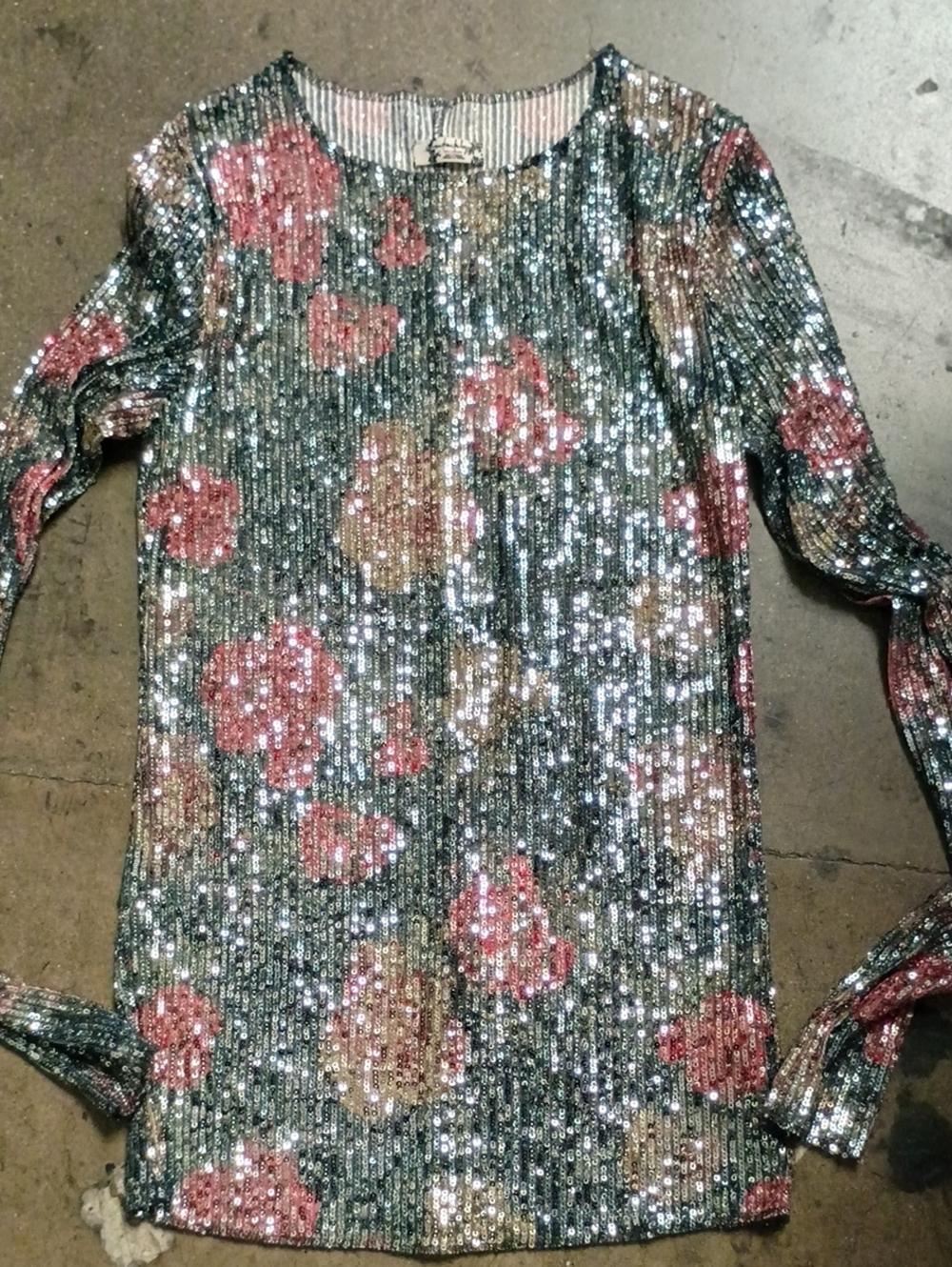 Free People Sequin Floral Long Sleeve Top - Green Pink Gold